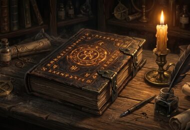Grimoire ancien Necronomicon orné de sigils sur une table en bois éclairée à la bougie
