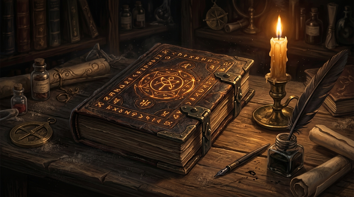 Grimoire ancien Necronomicon orné de sigils sur une table en bois éclairée à la bougie