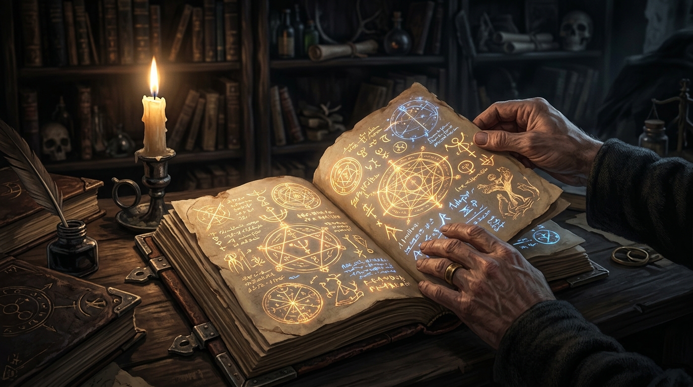 Pages ouvertes du Necronomicon avec symboles arcanes consultées par un investigateur