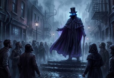 Nyarlathotep en silhouette élégante avec haut-de-forme dans une ruelle victorienne brumeuse