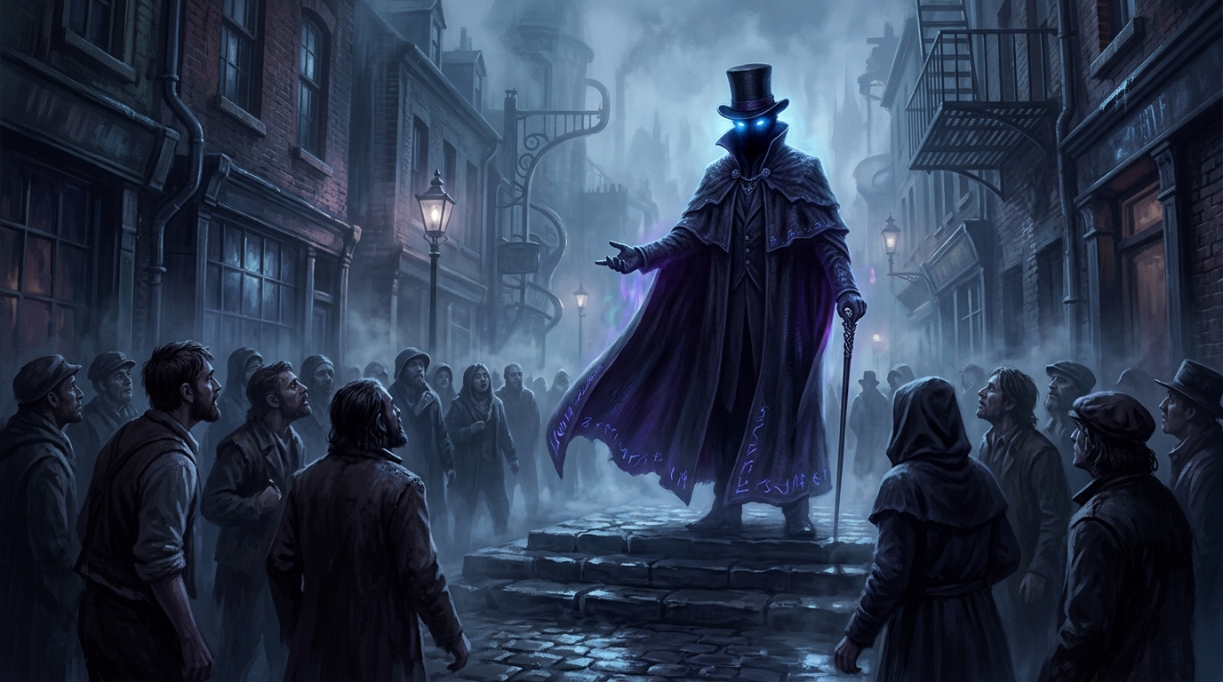 Nyarlathotep en silhouette élégante avec haut-de-forme dans une ruelle victorienne brumeuse