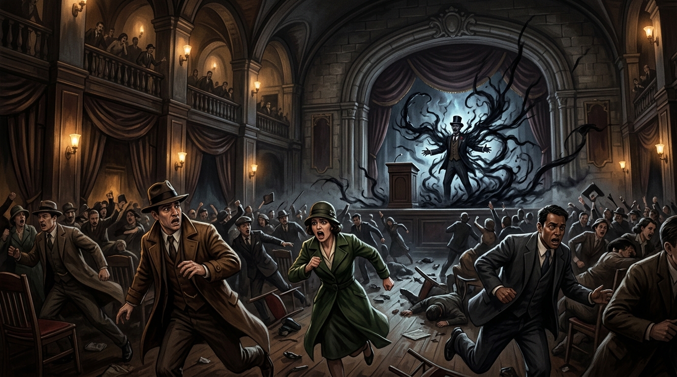 Investigateurs fuyant Nyarlathotep transformé en tentacules d'ombre dans une grande salle