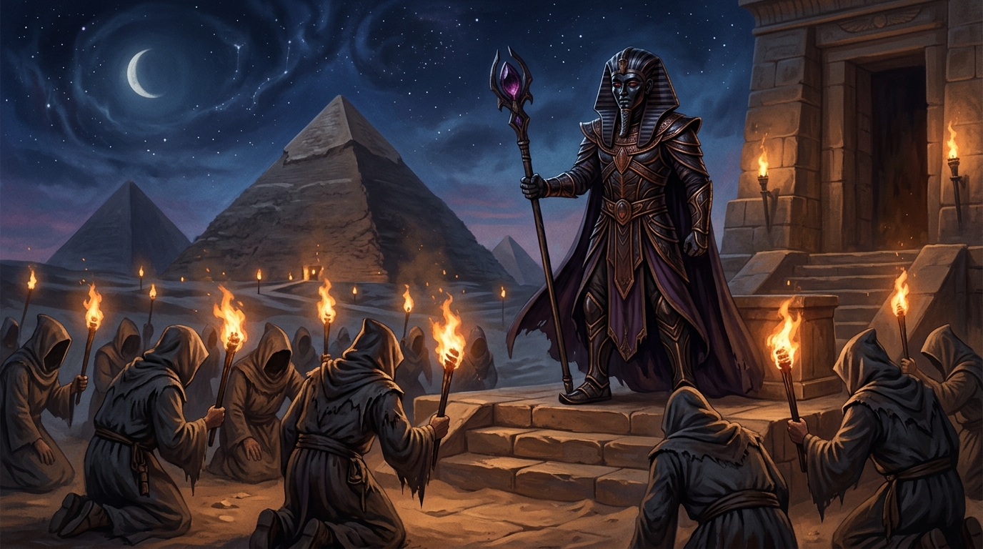 Nyarlathotep sous l'incarnation du Pharaon noir devant des pyramides éclairées de torches
