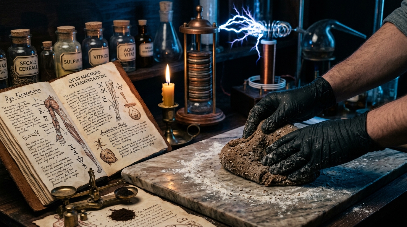 Pain noir de Frankenstein : la recette inspirée du roman 2 Pétrissage de la pâte noire au seigle avec charbon végétal, ambiance laboratoire d'alchimie