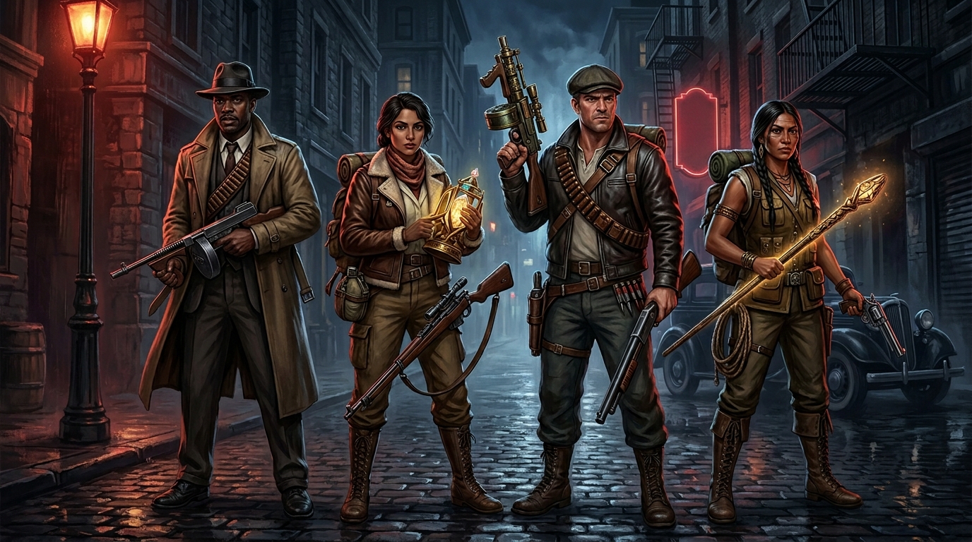 Variante Pulp Cthulhu avec héros armés affrontant menaces surnaturelles