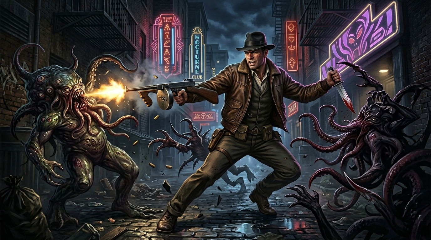 Héros d'action de Pulp Cthulhu combattant le surnaturel dans les années 1930