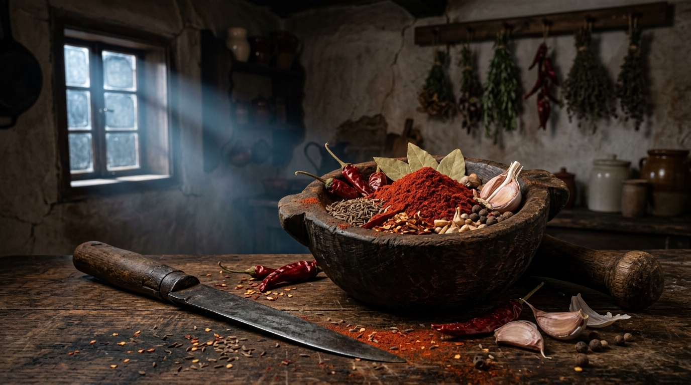 Ragoût transylvanien : la recette inspirée de Dracula 2 Paprika hongroise doux et fort en mortier bois, carvi et épices pour le ragoût