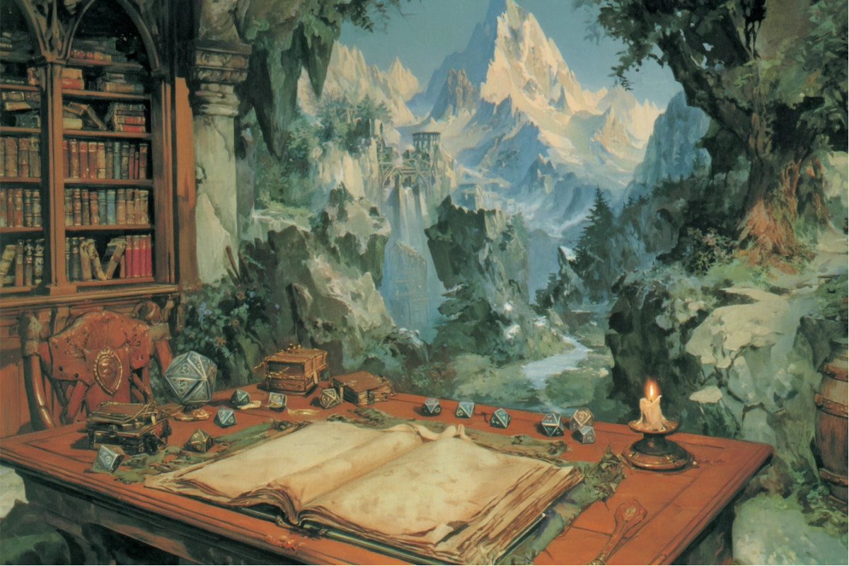 Bureau d'étude avec manuels empilés, bougie et fenêtre sur les montagnes, héritage de Rolemaster dans le jeu de rôle des années 1980