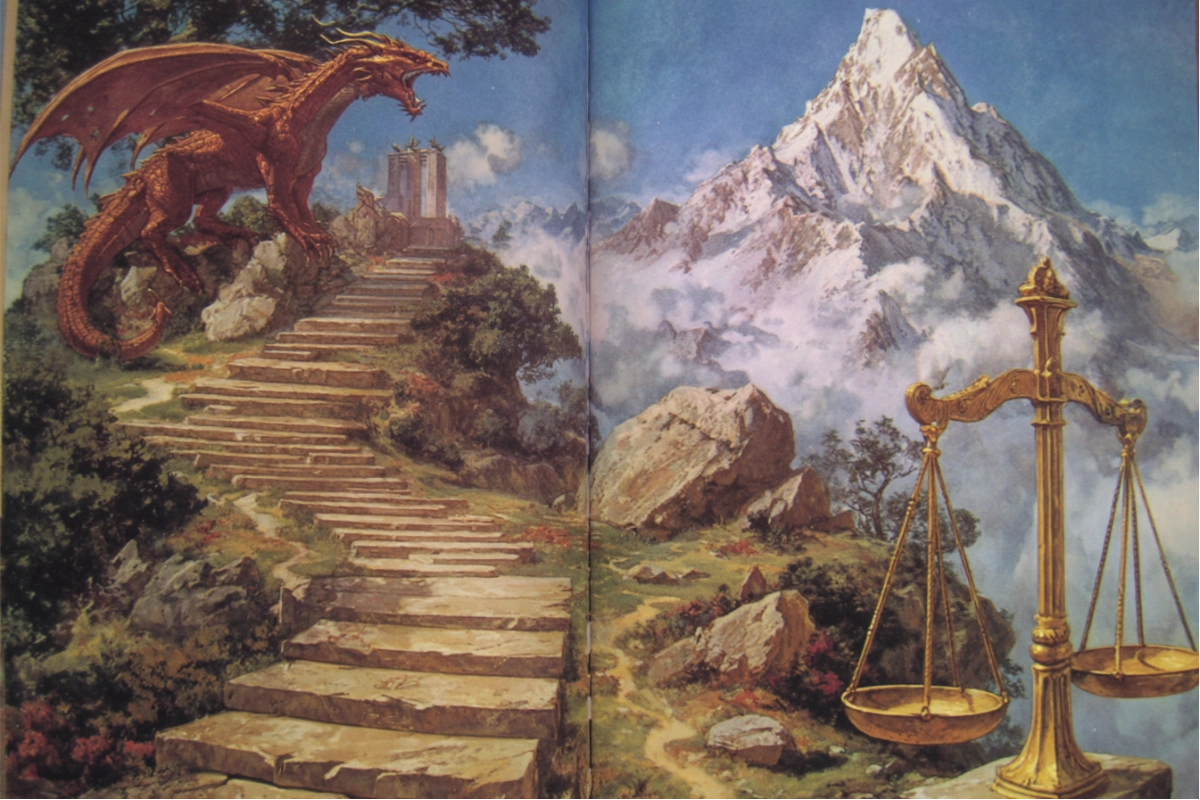 Sentier de pierre vers un sommet et balance en équilibre, métaphore du choix entre Rolemaster et Donjons et Dragons pour sa table