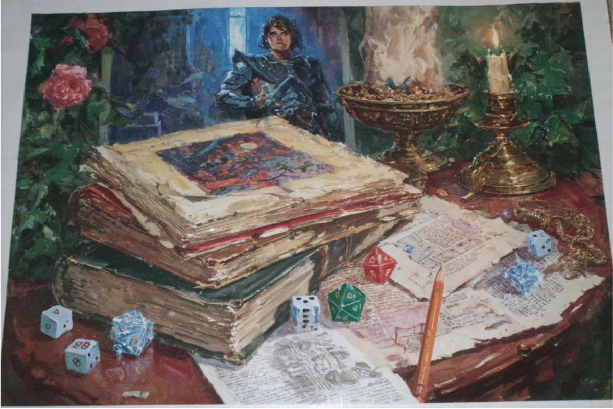 Piles de manuels ouverts et dés sur un bureau, illustrant la philosophie simulationniste de Rolemaster et ses règles très détaillées