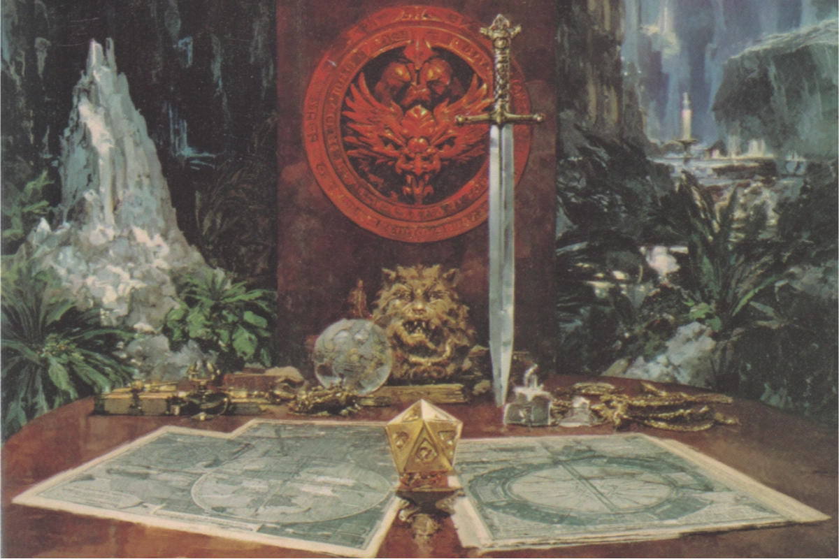 Épée plantée et dés dans une lumière dramatique, ambiance du premier combat à Rolemaster, tension avant l'assaut sur la table de jeu