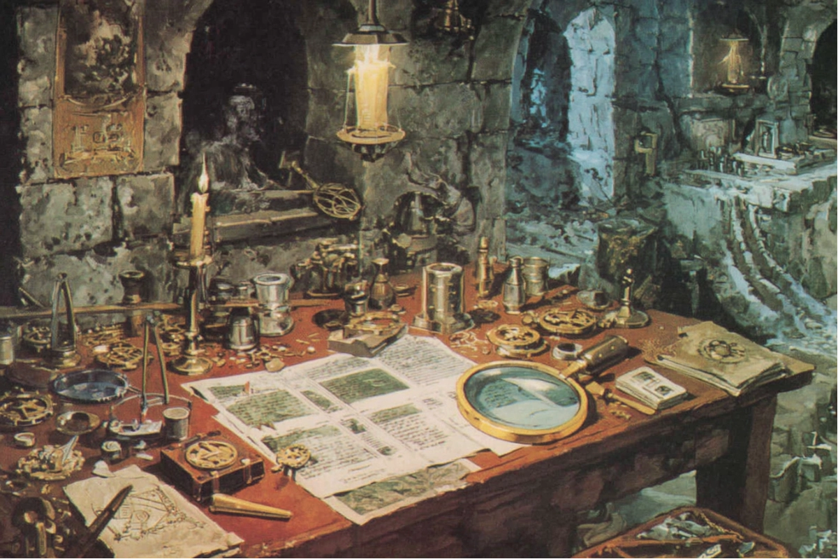 Bureau encombré de tables de résolution Rolemaster, papiers, cartes et bougies, illustrant le système aux mille tableaux d'Iron Crown
