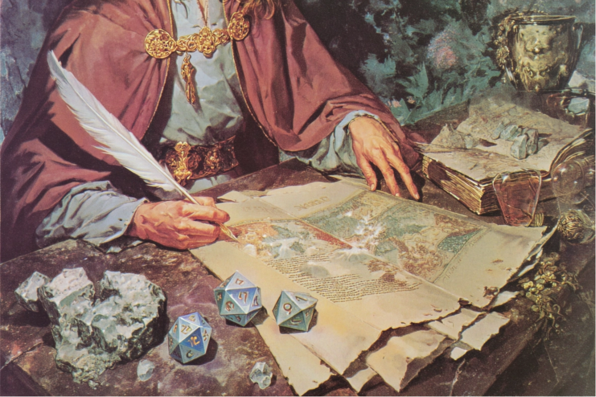 Plume, dés polyédriques et parchemin sur une table de création de personnage à Rolemaster Unified, ambiance feutrée de préparation