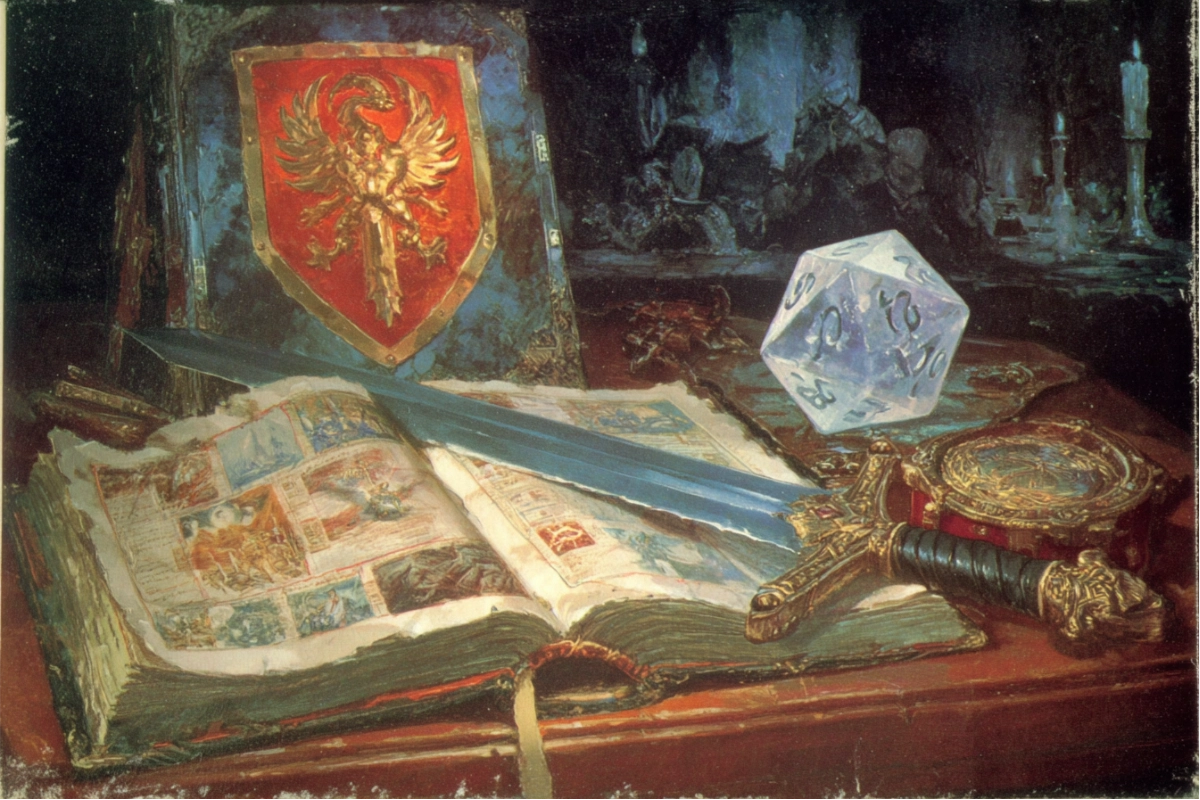Vieux grimoire, lame et cristal lumineux côte à côte, image de la renaissance de Rolemaster, de HARP à Rolemaster Unified