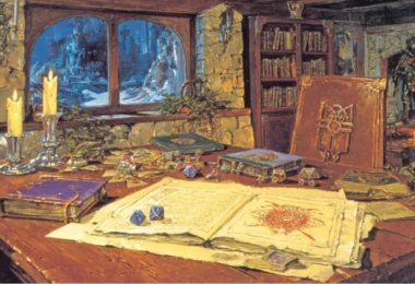 Bureau de MJ chaleureux pour débuter à Rolemaster Unified, carte dépliée, dés, manuels et lampe sur une table de jeu old-school