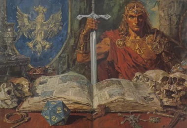 Écu héraldique et épée posés sur des tables de règles, duel symbolique entre Rolemaster et Donjons et Dragons, simulation contre héroïsme