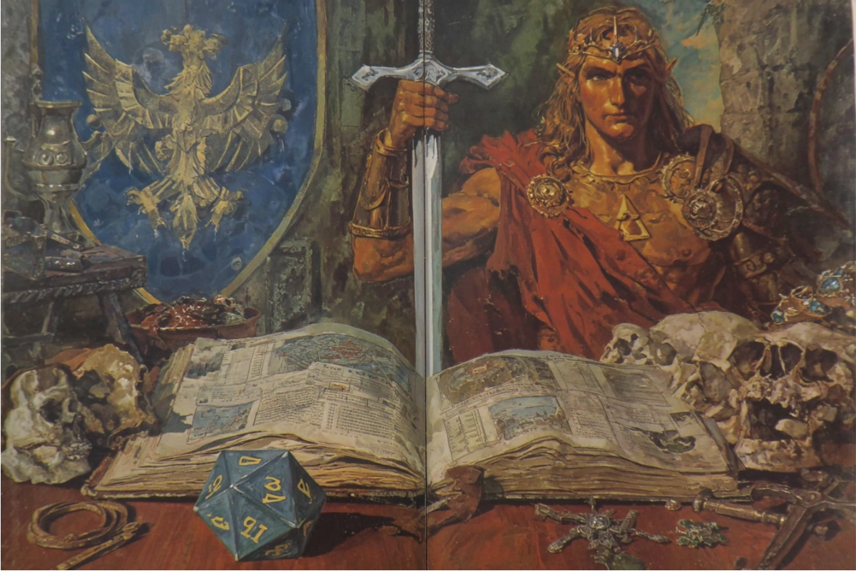 Écu héraldique et épée posés sur des tables de règles, duel symbolique entre Rolemaster et Donjons et Dragons, simulation contre héroïsme