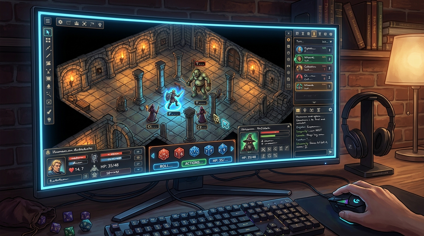 Interface Roll20 affichant une carte de combat fantasy avec jetons et dés numériques