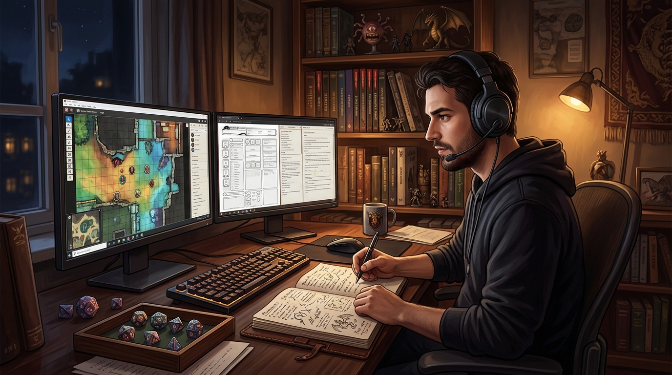 Maître du jeu Roll20 à son bureau avec deux écrans, casque et notes manuscrites