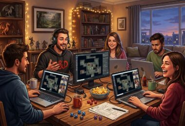 Groupe de joueurs de JDR en ligne sur Roll20 avec écrans, webcams et plateau virtuel
