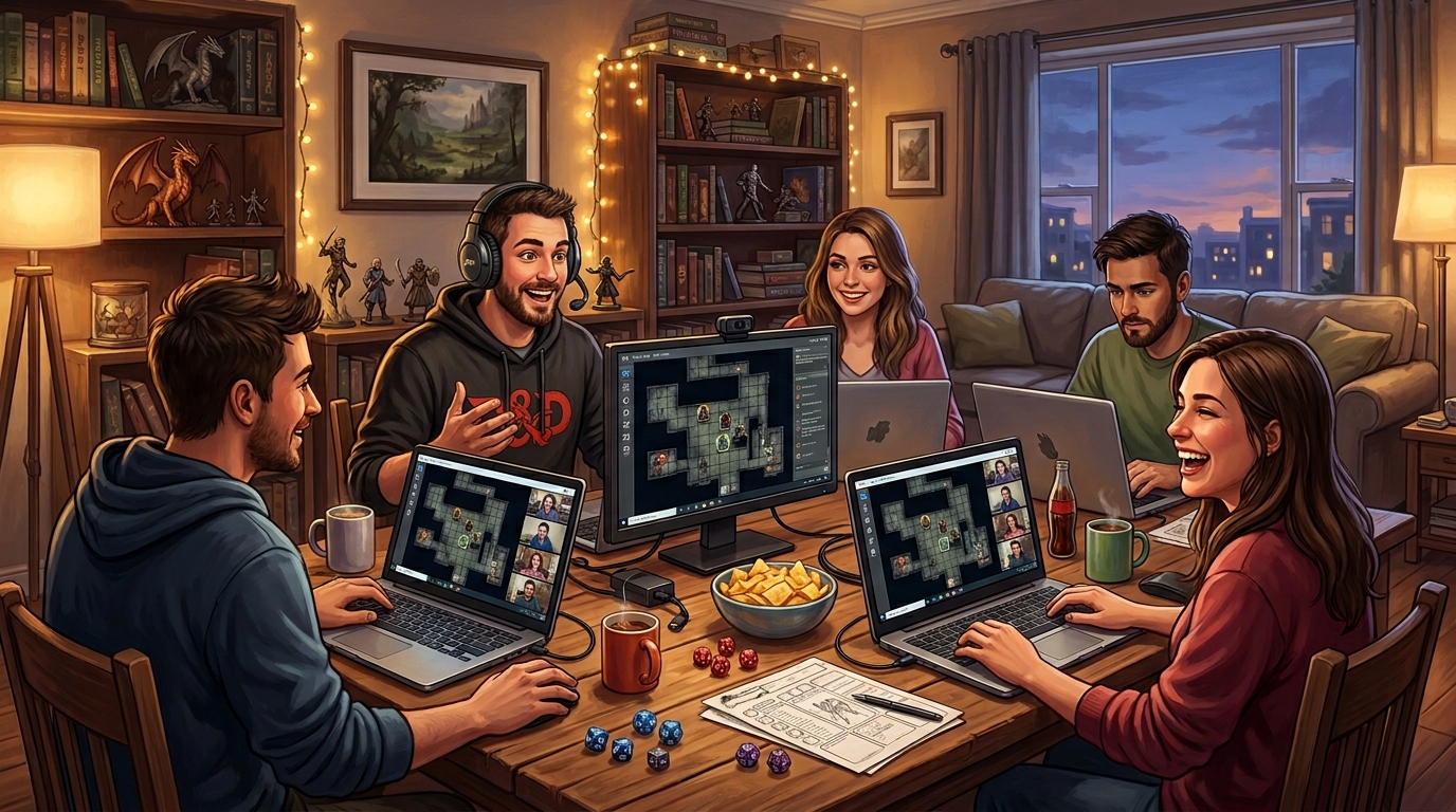 Groupe de joueurs de JDR en ligne sur Roll20 avec écrans, webcams et plateau virtuel