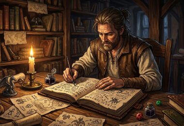 Maître du jeu rédigeant un scénario JDR dans un carnet en cuir à la lueur d'une bougie