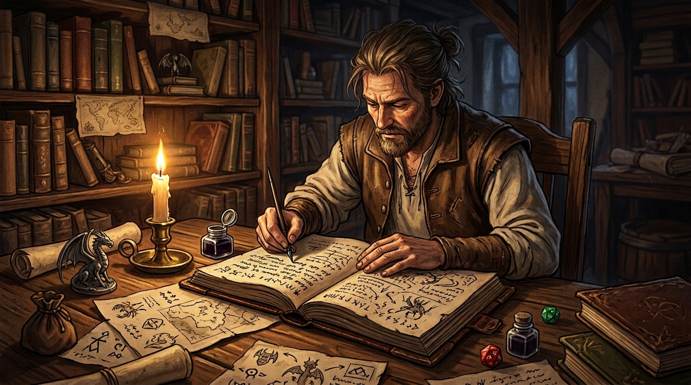 Maître du jeu rédigeant un scénario JDR dans un carnet en cuir à la lueur d'une bougie