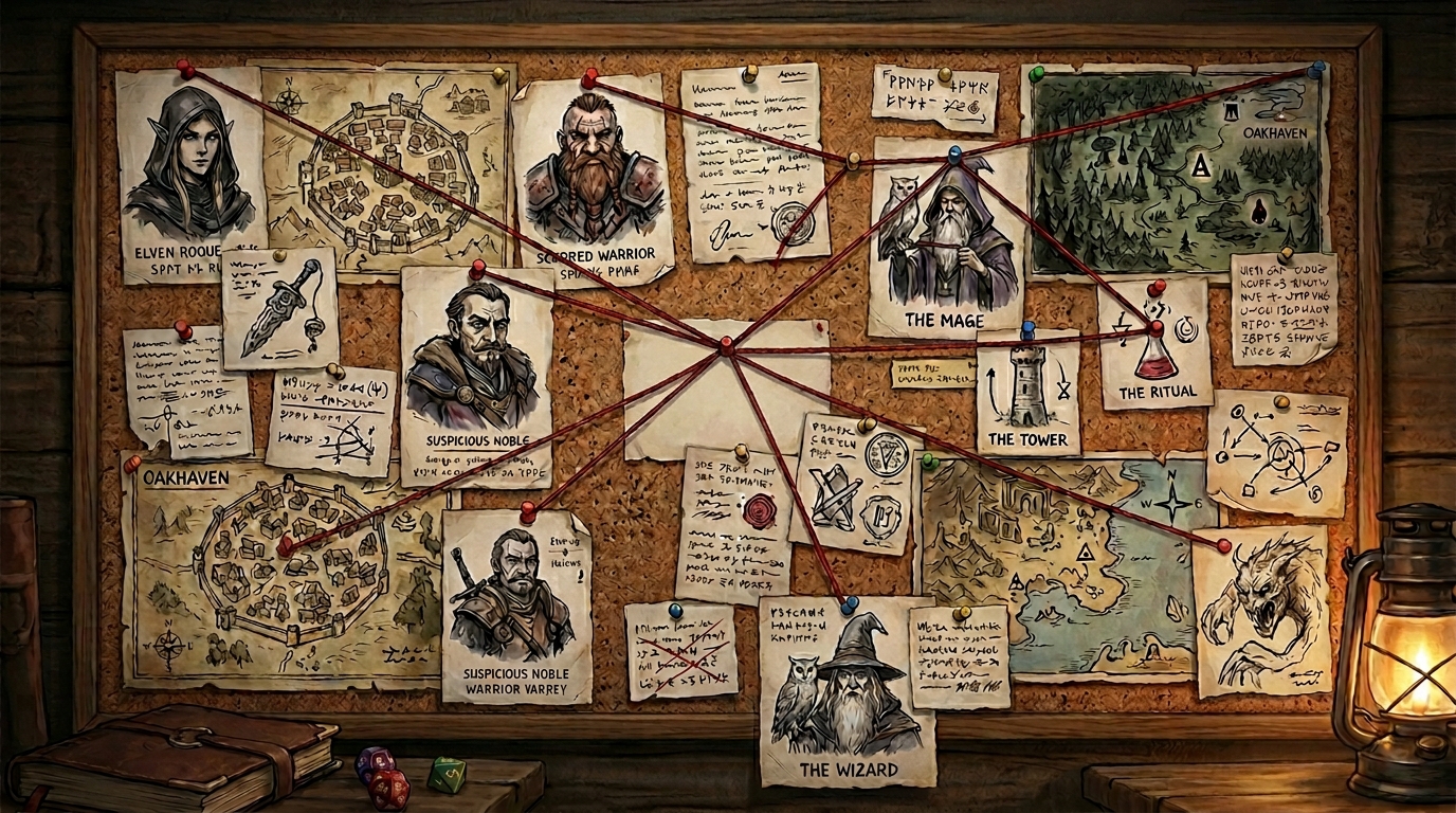 Storyboard de scénario JDR épinglé sur un panneau avec PNJ, lieux et fil narratif