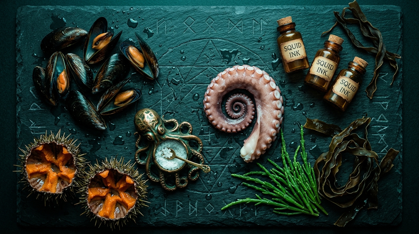Ingrédients de la soupe abyssale : noir de seiche, fruits de mer, safran, oignons, ail