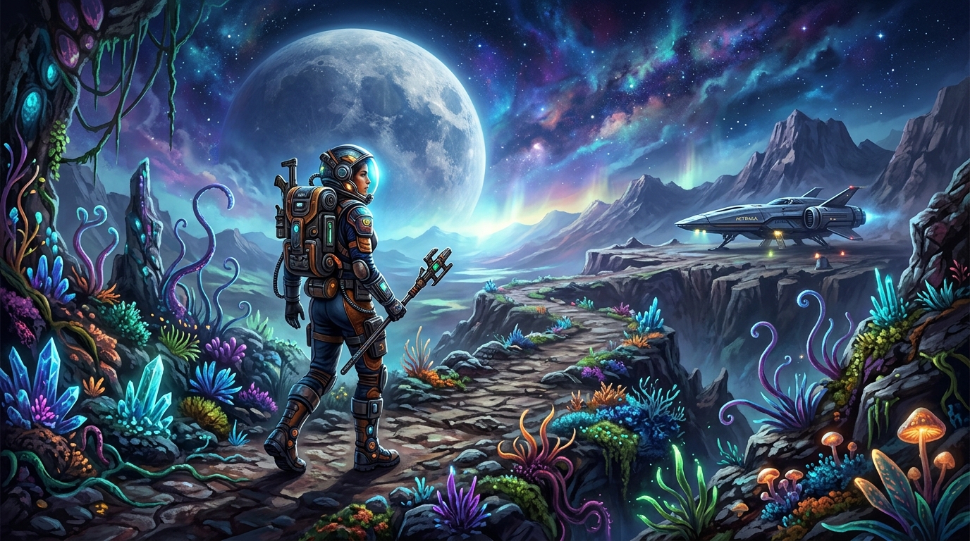 Explorateur de Starforged en combinaison sur une planète extraterrestre avec lune géante