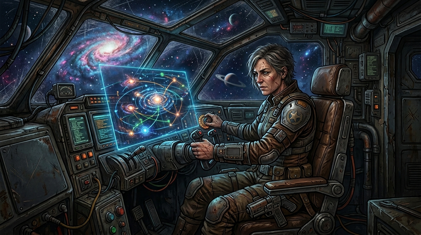 Pilote de Starforged aux commandes d'un vaisseau patiné avec carte stellaire holographique