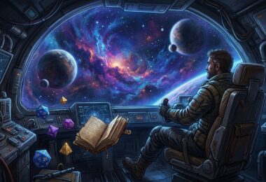 Explorateur solo de Starforged dans un cockpit face à une nébuleuse cosmique