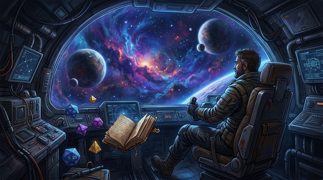 Explorateur solo de Starforged dans un cockpit face à une nébuleuse cosmique
