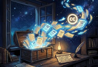 Coffre ouvert libérant des pages lumineuses et un symbole Creative Commons, métaphore de Tigres Volants libéré en licence libre