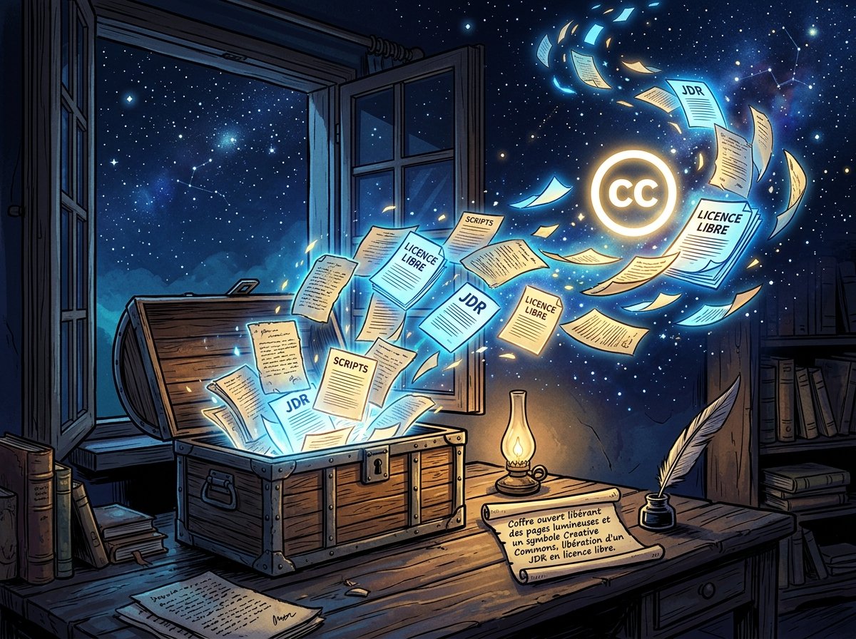 Coffre ouvert libérant des pages lumineuses et un symbole Creative Commons, métaphore de Tigres Volants libéré en licence libre