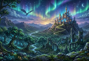 Paysage fantasy mystique Vox Machina avec château et dragon en arrière-plan