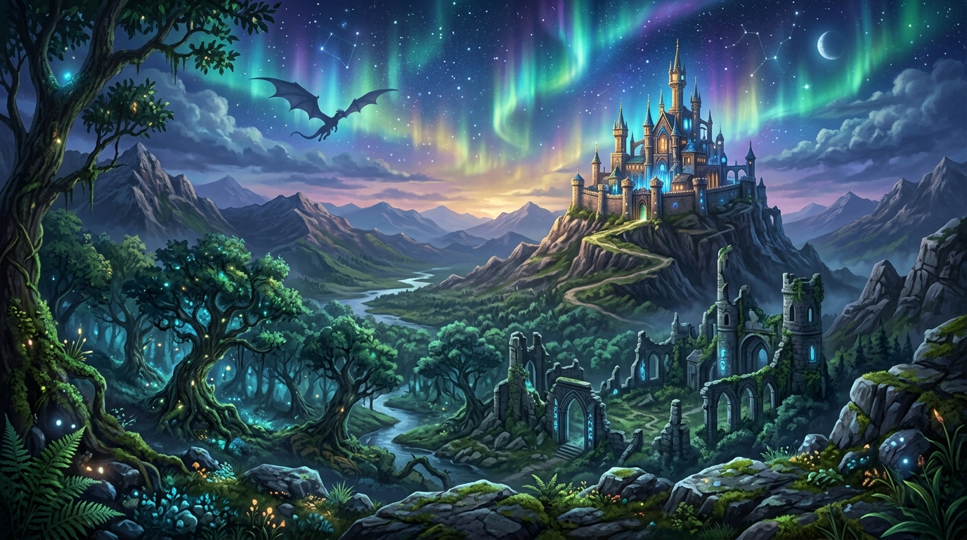 Paysage fantasy mystique Vox Machina avec château et dragon en arrière-plan