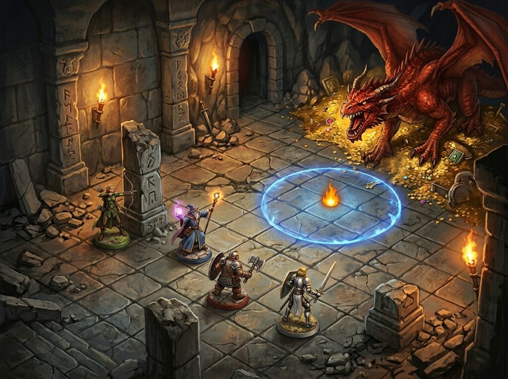 Illustration d'une battle map des aventuriers contre un dragon.