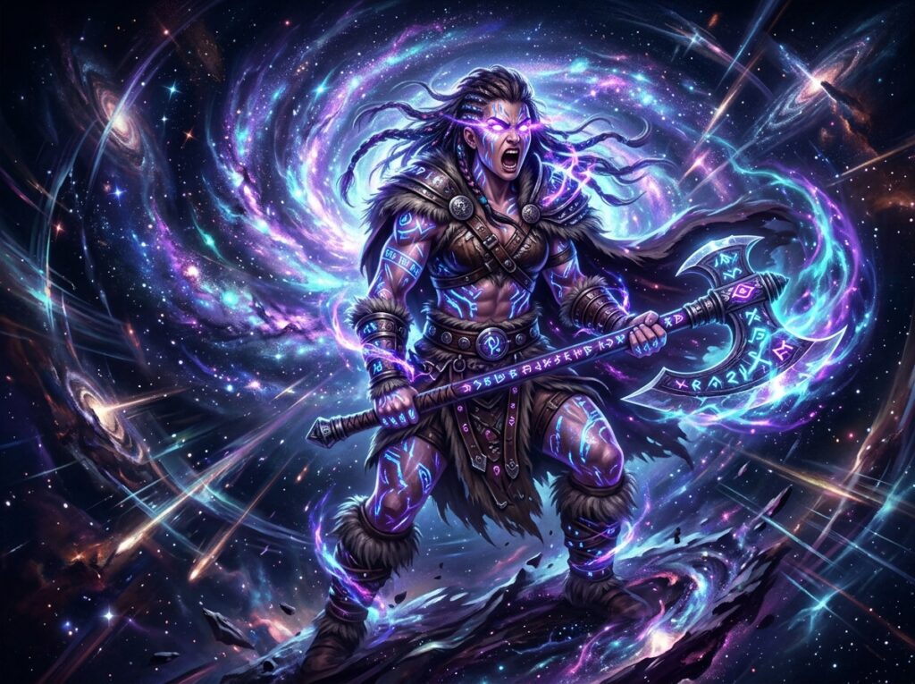 Une femme barbare avec une rage infinie qui se concentre telle du cosmos.