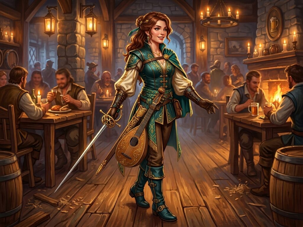 Illustration montrant que le barde est un tout-à-tout, jolie jeune femme avec de beaux atours, une rapière à la main, un luth sur le côté.