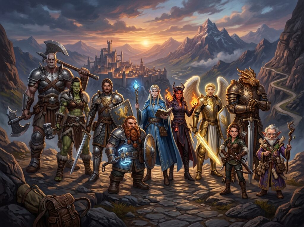 Illustration avec toutes les classes, toutes les races de Donjons et Dragons.