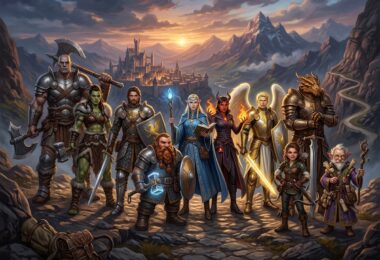 Illustration avec toutes les classes, toutes les races de Donjons et Dragons.