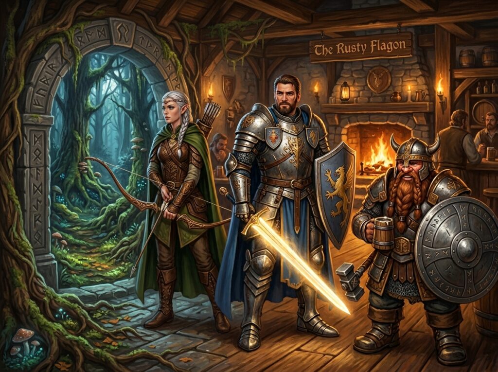 Une taverne, donjon et dragons, une elfe ranger, un paladin humain et un guerrier