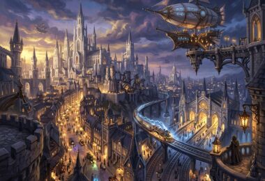 Cité néo-gothique d'Eberron avec flèches blanches, vaisseau aérien et train éclair arrivant en gare au crépuscule