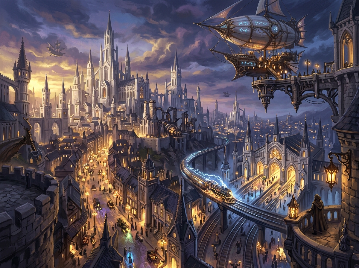 Cité néo-gothique d'Eberron avec flèches blanches, vaisseau aérien et train éclair arrivant en gare au crépuscule