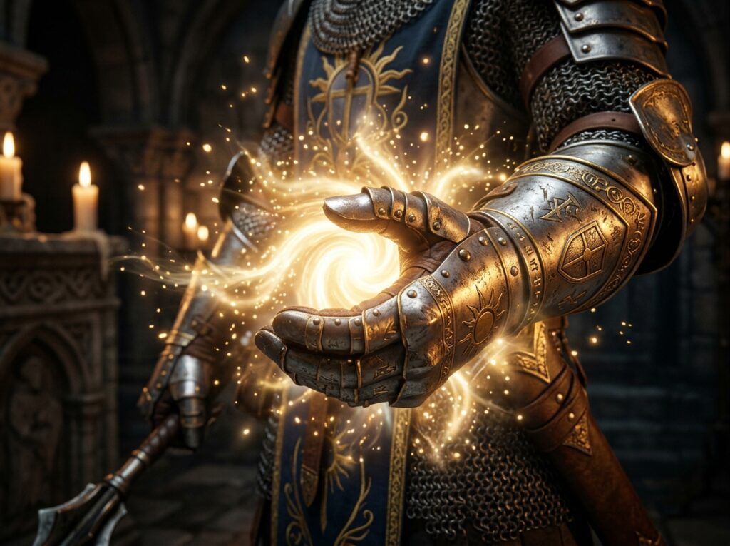 Imposition des mains et châtiment divin DnD - le guide du paladin 2 Un paladin qui se prépare à infliger châtiment divin.