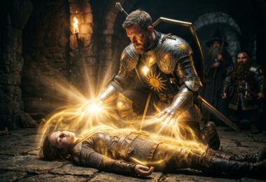 Un paladin impose les mains pour soigner.