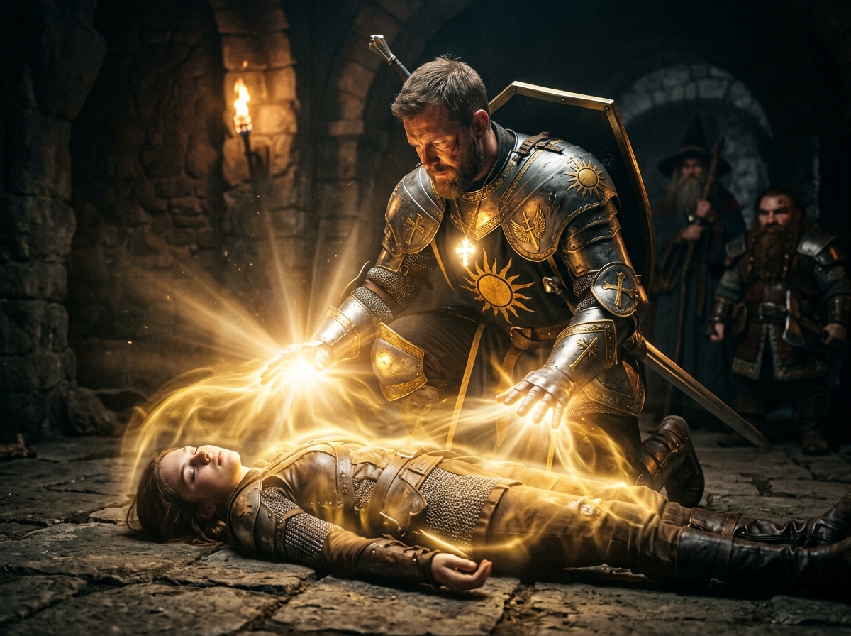 Un paladin impose les mains pour soigner.