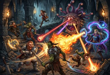 Un beholder et ses troupes d'orcs affrontent des aventuriers.