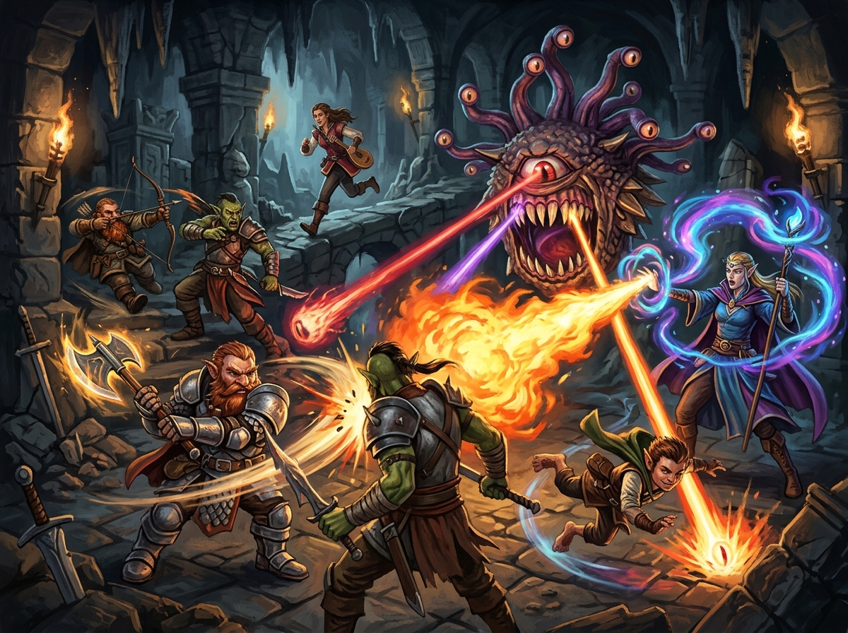 Un beholder et ses troupes d'orcs affrontent des aventuriers.